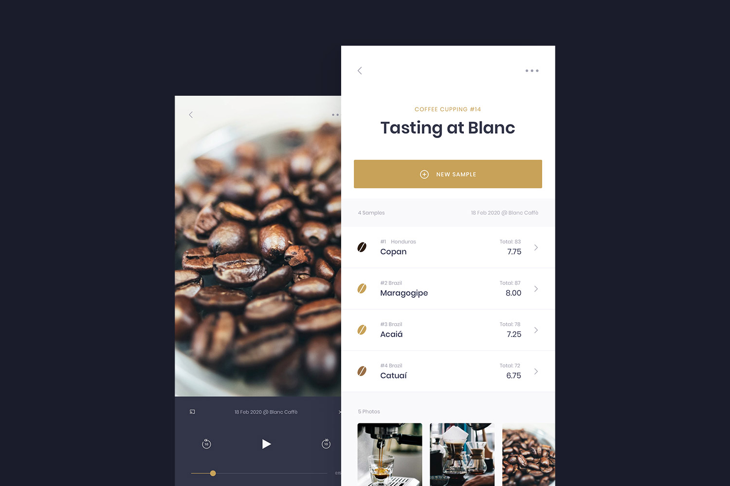 People smelling coffee during tasting on a long table