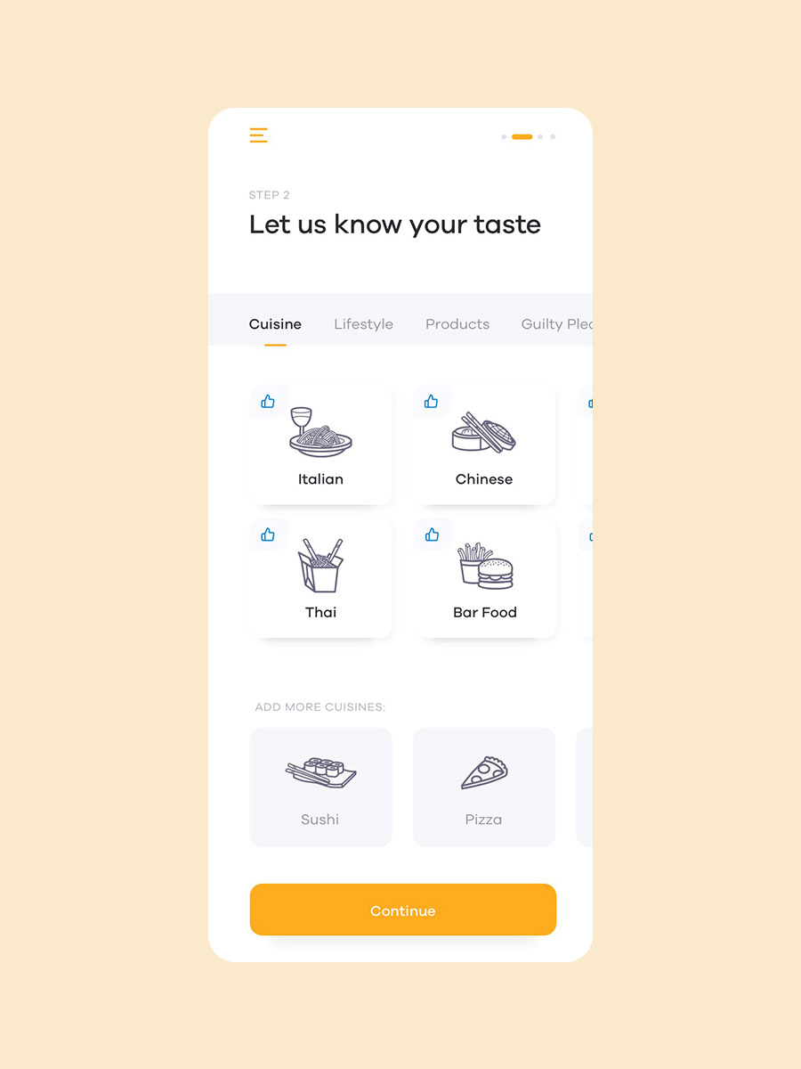 foodrush step 2 let us know your taste mobile screen design