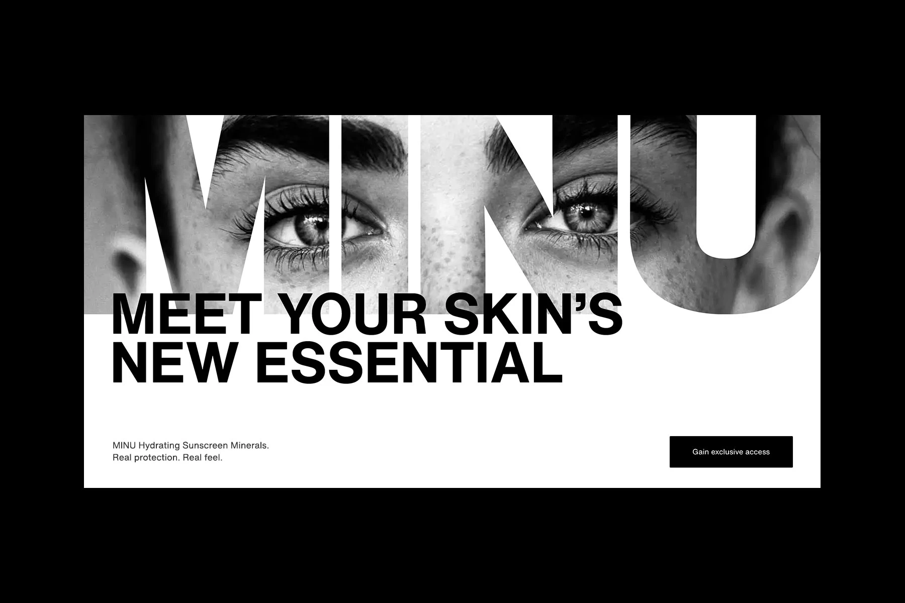 MINU homepage hero desktop screen design young woman's eyes peering through MINU letters