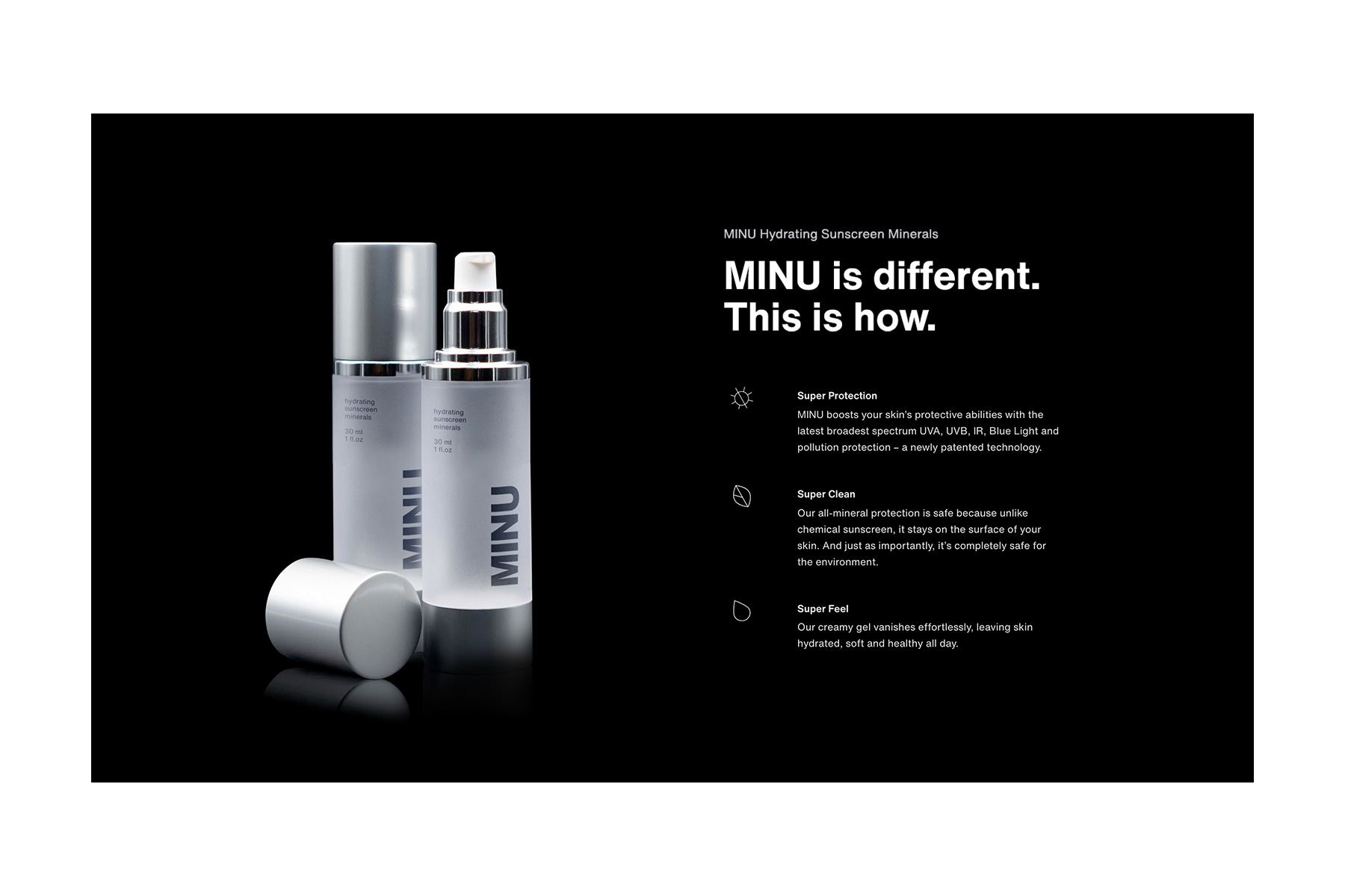 MINU website section showing product bottles and benefit points desktop screen design