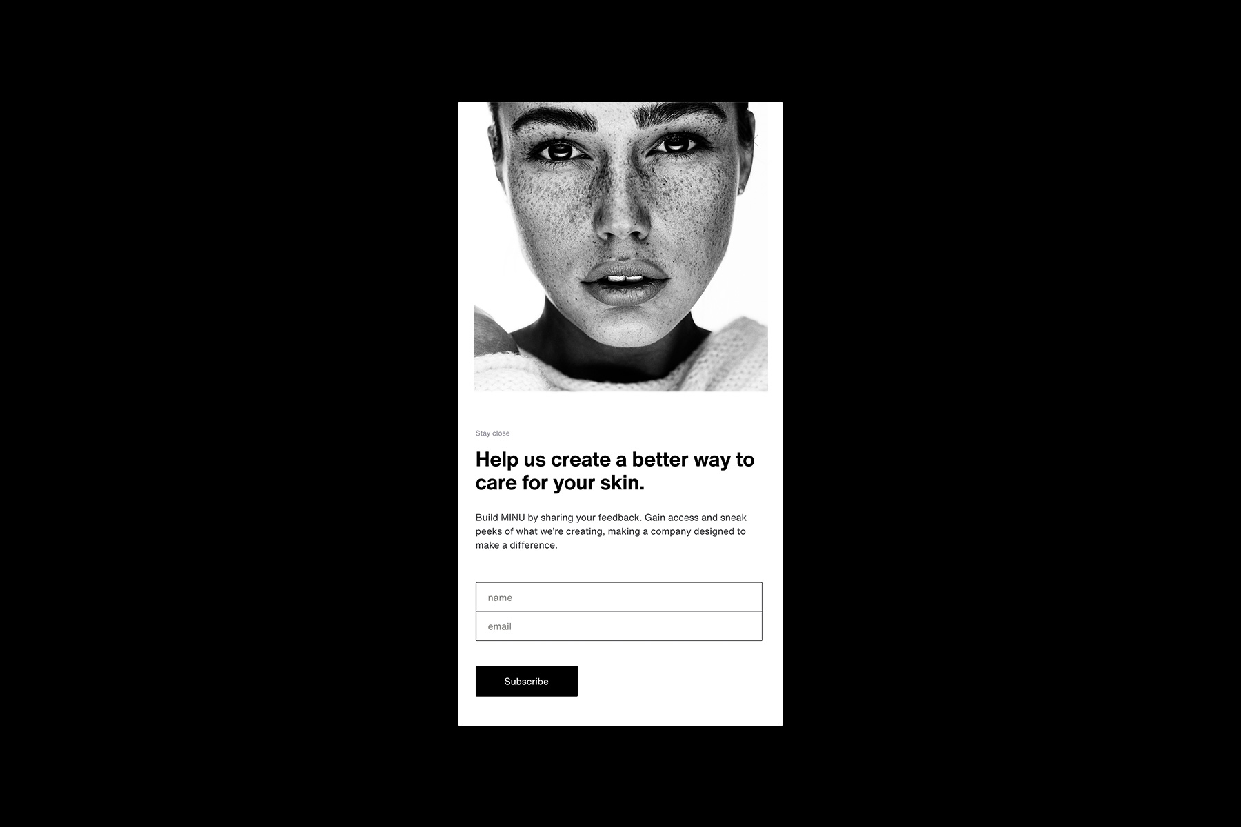 MINU website sign up mobile screen design help us create a better way to care for your skin